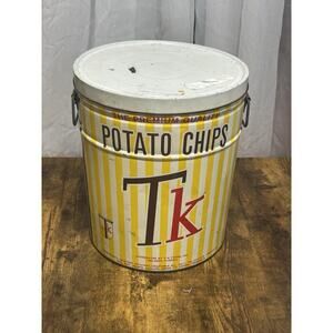 VTG Potato Chips Tin Can Metal Storage Yellow Striped Retro Kitchen Decor Prop